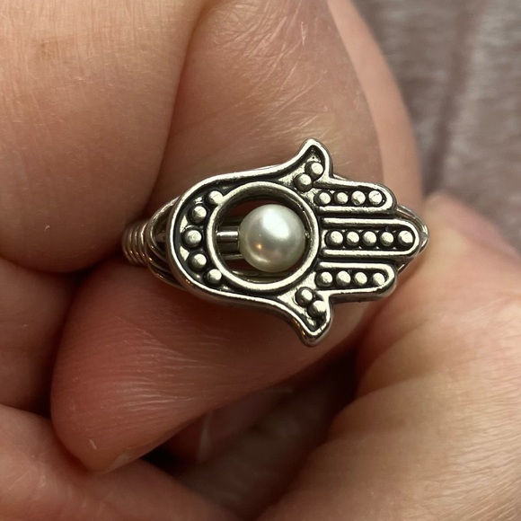 Jewelry - SilverTone Wire Wrap Hamsa Hand Ring with Pearl Accent